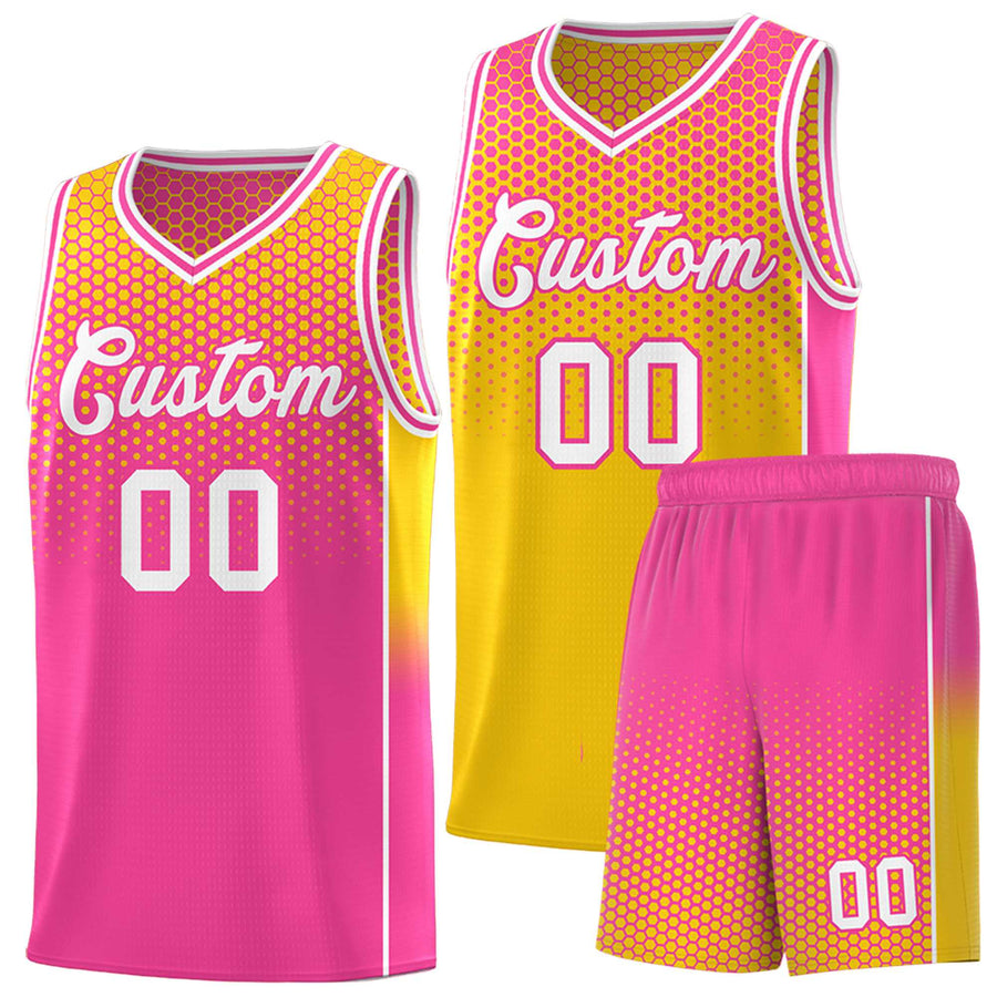 Custom Gold Pink Reversible Side Gradient Sports Uniform Dot Pattern Basketball Jersey Kits | BuyFootballJersey