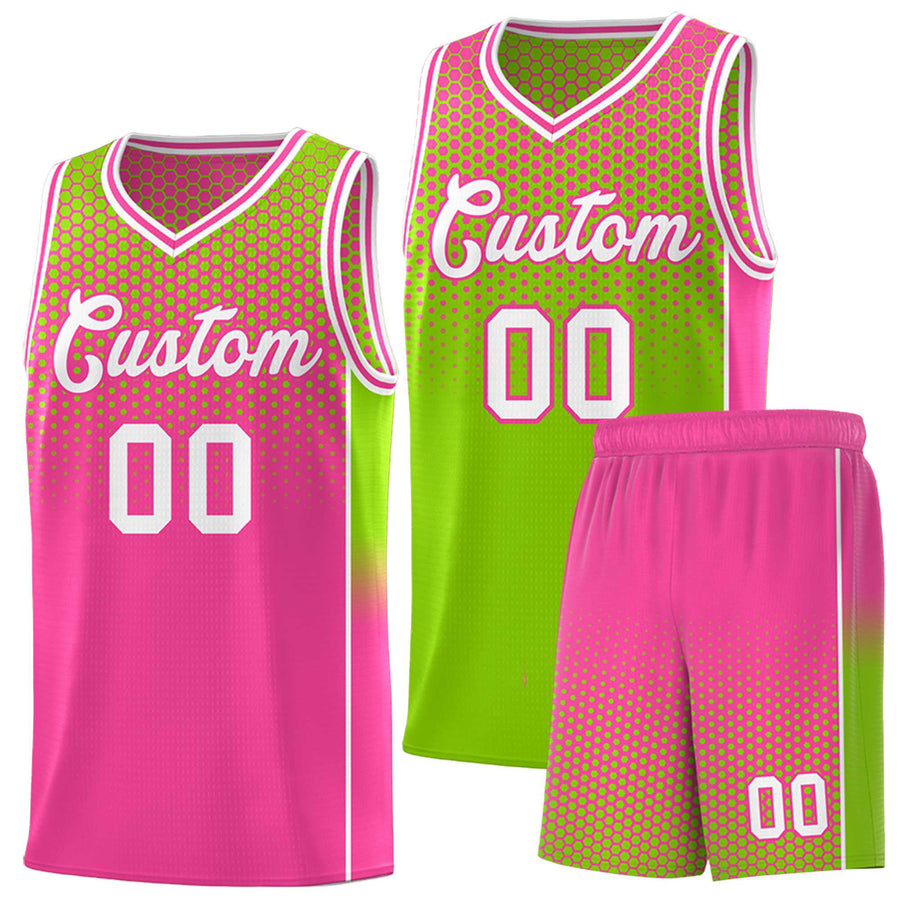Custom Neon Green Pink Reversible Side Gradient Sports Uniform Dot Pattern Basketball Jersey Kits | BuyFootballJersey