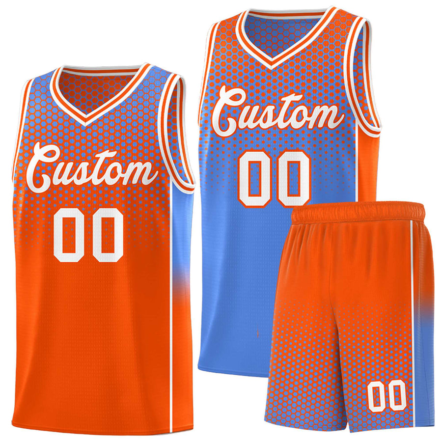 Custom Light Blue Orange Reversible Side Gradient Sports Uniform Dot Pattern Basketball Jersey Kits | BuyFootballJersey