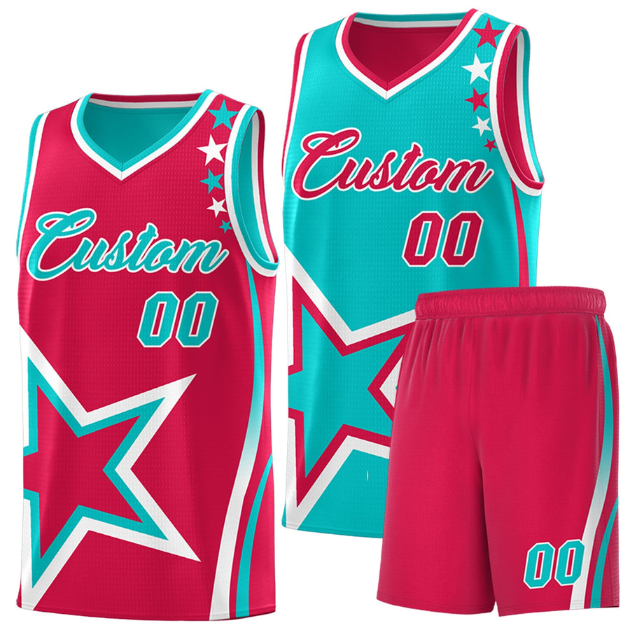 Custom Red Aqua White Star Series Reversible Sets Basketball Jersey | BuyFootballJersey