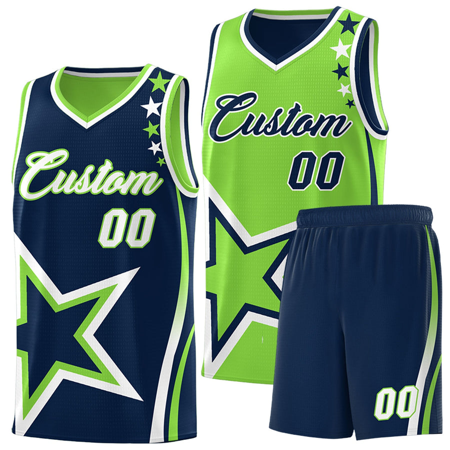 Custom Navy Fluorescent Green White Star Series Reversible Sets Basketball Jersey | BuyFootballJersey