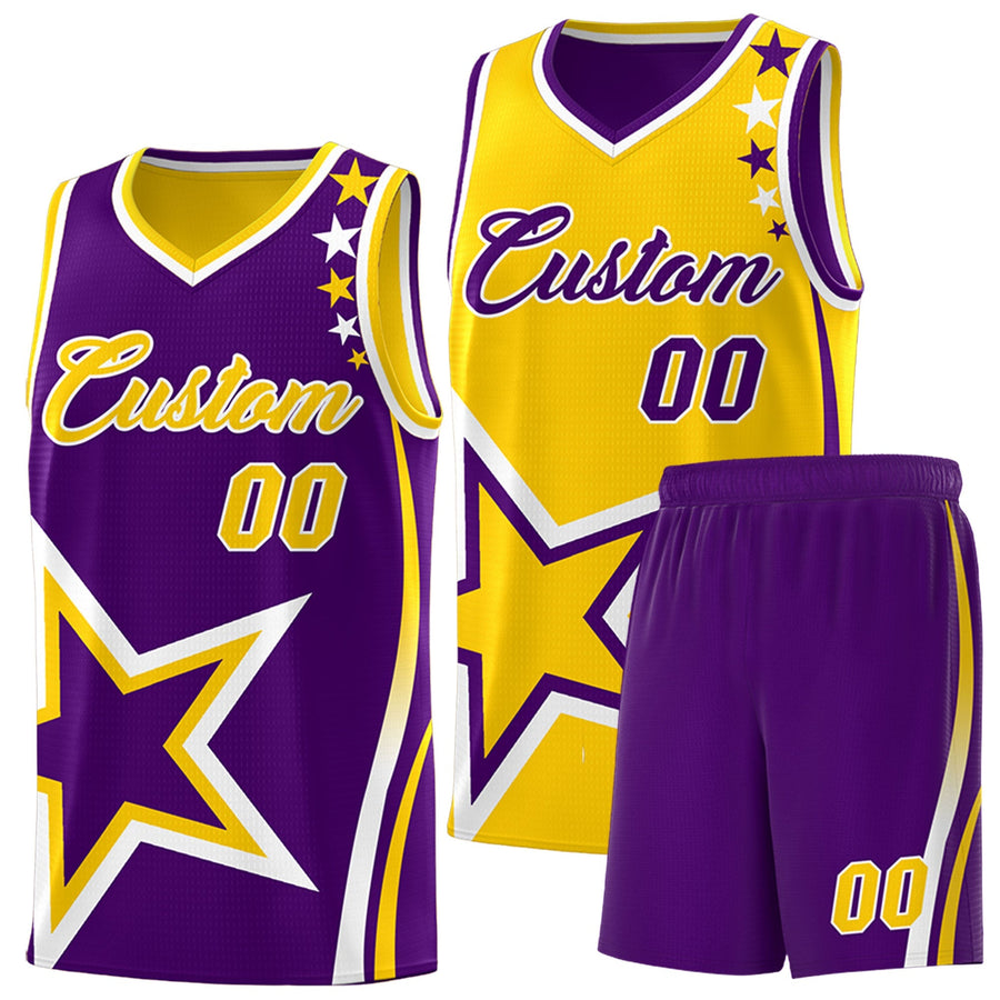 Custom Purple Gold White Star Series Reversible Sets Basketball Jersey | BuyFootballJersey