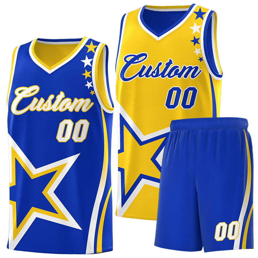 Custom Royal Blue Gold White Star Series Reversible Sets Basketball Jersey | BuyFootballJersey