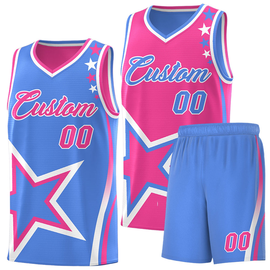 Custom Light Blue Pink White Star Series Reversible Sets Basketball Jersey | BuyFootballJersey