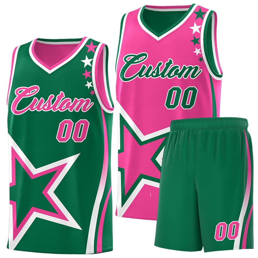 Custom Kelly Green Pink White Star Series Reversible Sets Basketball Jersey | BuyFootballJersey