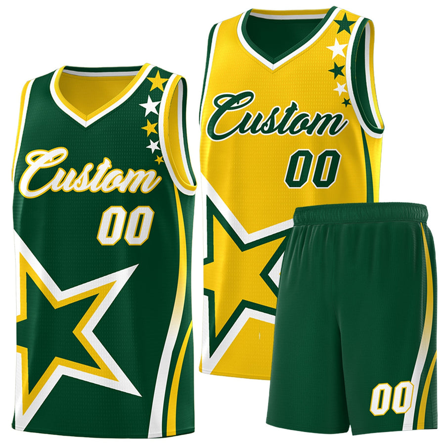 Custom Green Gold White Star Series Reversible Sets Basketball Jersey | BuyFootballJersey
