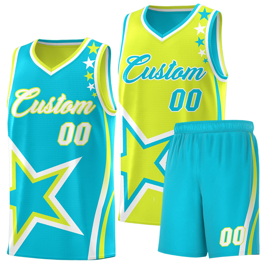 Custom Sky Blue Fluorescent Green White Star Series Reversible Sets Basketball Jersey | BuyFootballJersey