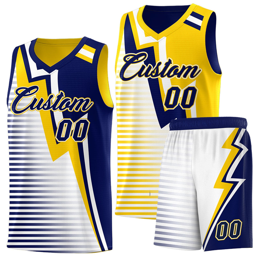 Custom Navy Gold White Gradient Stripes Lightning Pattern Reversible Sets Basketball Jersey | BuyFootballJersey