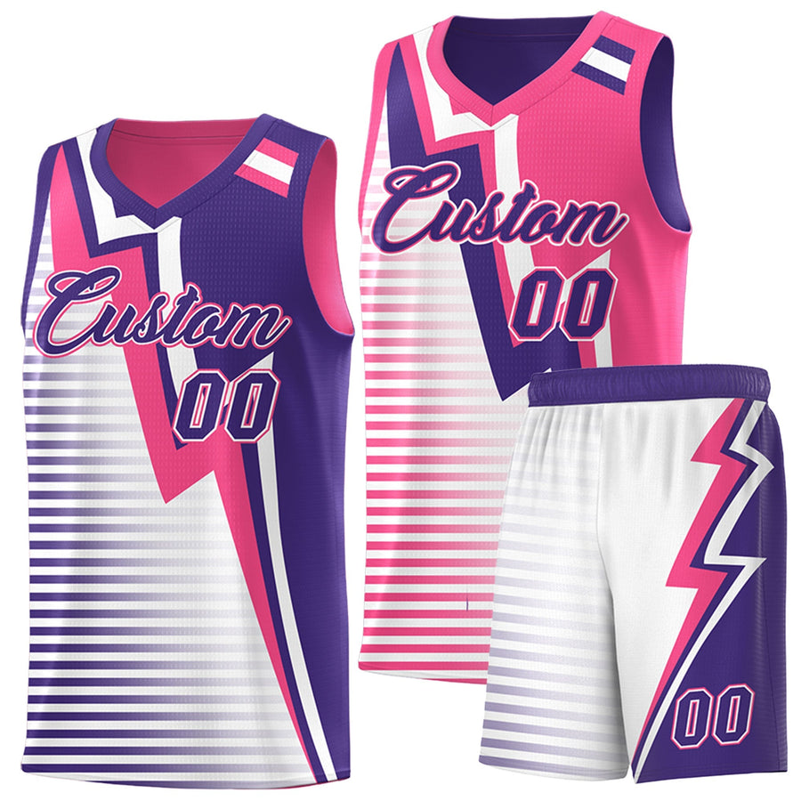 Custom Purple Pink White Gradient Stripes Lightning Pattern Reversible Sets Basketball Jersey | BuyFootballJersey