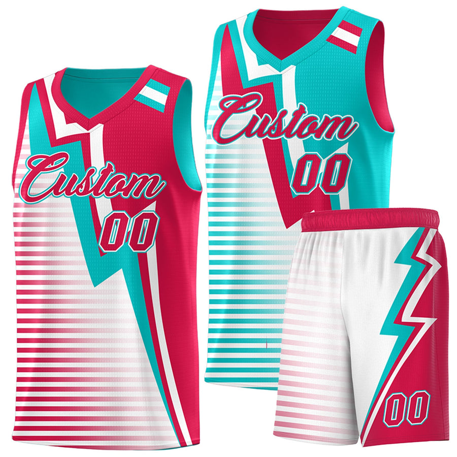 Custom Red Aqua White Gradient Stripes Lightning Pattern Reversible Sets Basketball Jersey | BuyFootballJersey