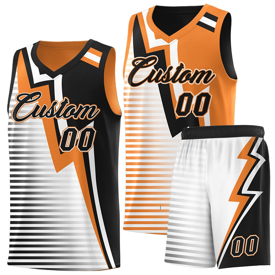 Custom Black Gold Orange White Gradient Stripes Lightning Pattern Reversible Sets Basketball Jersey | BuyFootballJersey