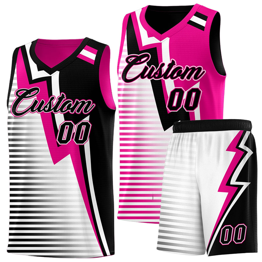 Custom Black Pink White Gradient Stripes Lightning Pattern Reversible Sets Basketball Jersey | BuyFootballJersey