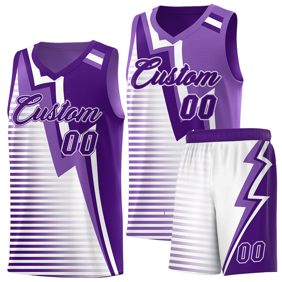 Custom Purple Light Purple White Gradient Stripes Lightning Pattern Reversible Sets Basketball Jersey | BuyFootballJersey