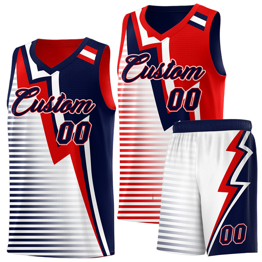 Custom Navy Red White Gradient Stripes Lightning Pattern Reversible Sets Basketball Jersey | BuyFootballJersey