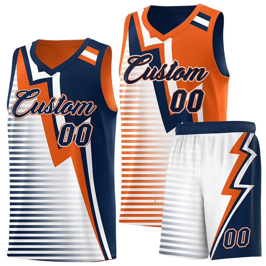 Custom Navy Orange White Gradient Stripes Lightning Pattern Reversible Sets Basketball Jersey | BuyFootballJersey