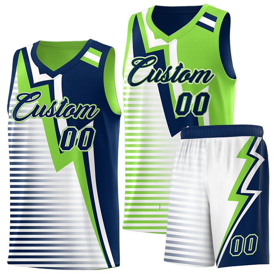 Custom Navy Fluorescent Green White Gradient Stripes Lightning Pattern Reversible Sets Basketball Jersey | BuyFootballJersey