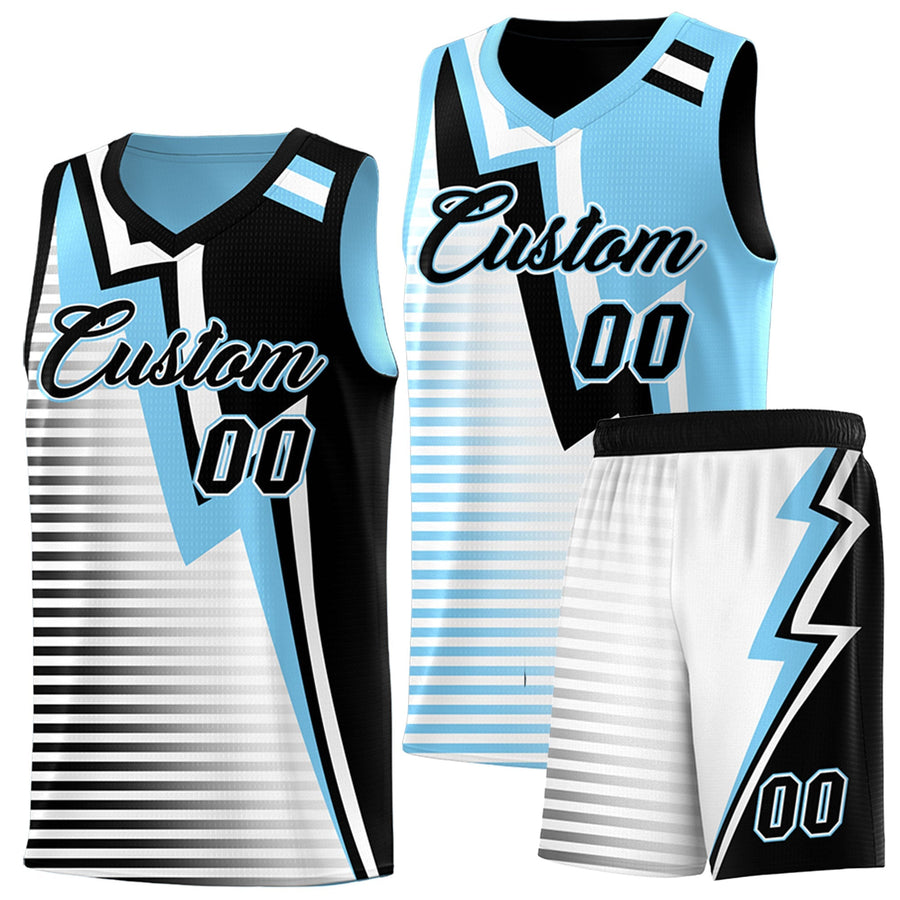 Custom Black Light Blue White Gradient Stripes Lightning Pattern Reversible Sets Basketball Jersey | BuyFootballJersey