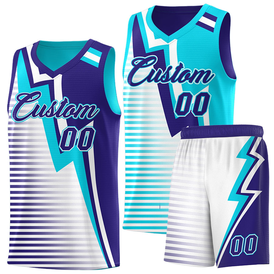 Custom Sky Blue Royal White Gradient Stripes Lightning Pattern Reversible Sets Basketball Jersey | BuyFootballJersey