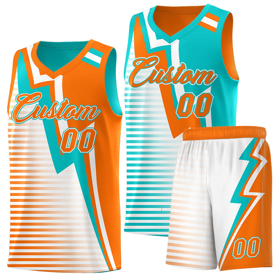 Custom Orange Aqua White Gradient Stripes Lightning Pattern Reversible Sets Basketball Jersey | BuyFootballJersey