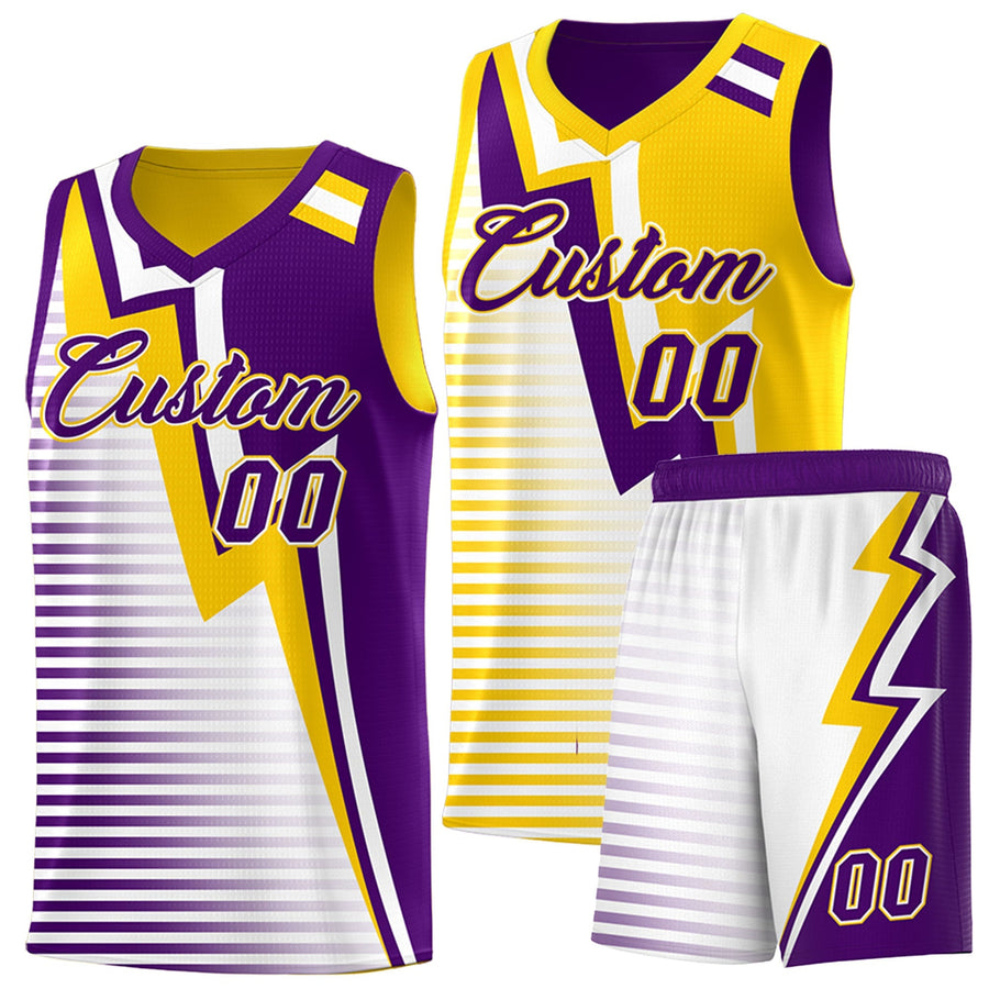 Custom Purple Gold White Gradient Stripes Lightning Pattern Reversible Sets Basketball Jersey | BuyFootballJersey