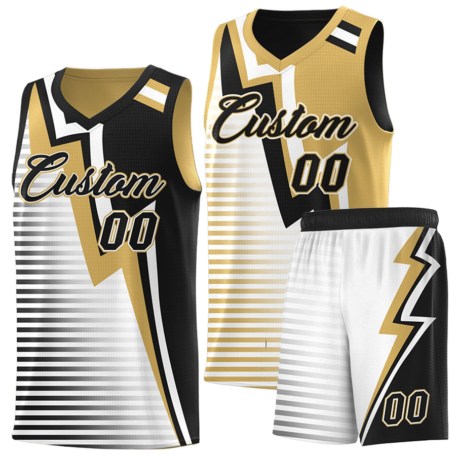 Custom Black Old Gold White Gradient Stripes Lightning Pattern Reversible Sets Basketball Jersey | BuyFootballJersey