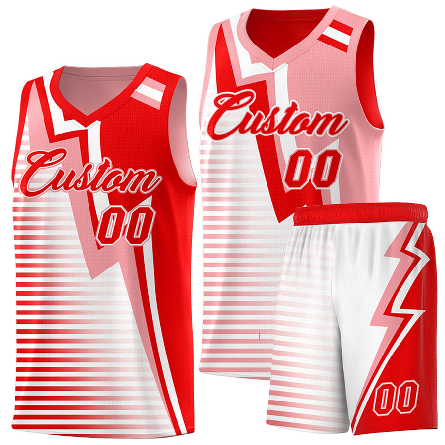 Custom Light Red Light Pink White Gradient Stripes Lightning Pattern Reversible Sets Basketball Jersey | BuyFootballJersey