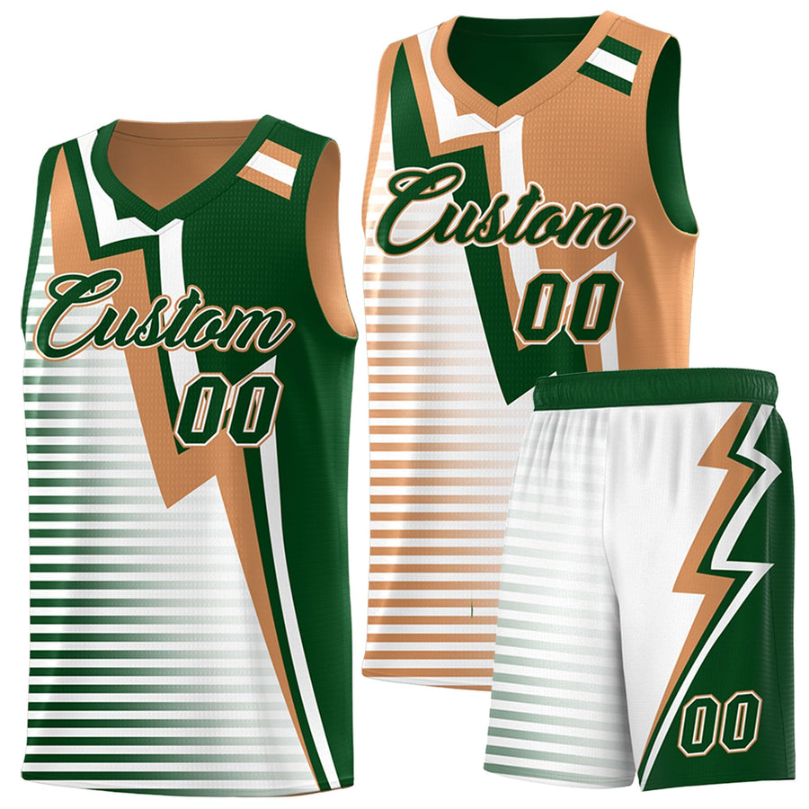 Custom Green Buckskin Brown White Gradient Stripes Lightning Pattern Reversible Sets Basketball Jersey | BuyFootballJersey