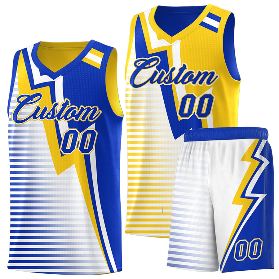 Custom Royal Blue Gold White Gradient Stripes Lightning Pattern Reversible Sets Basketball Jersey | BuyFootballJersey