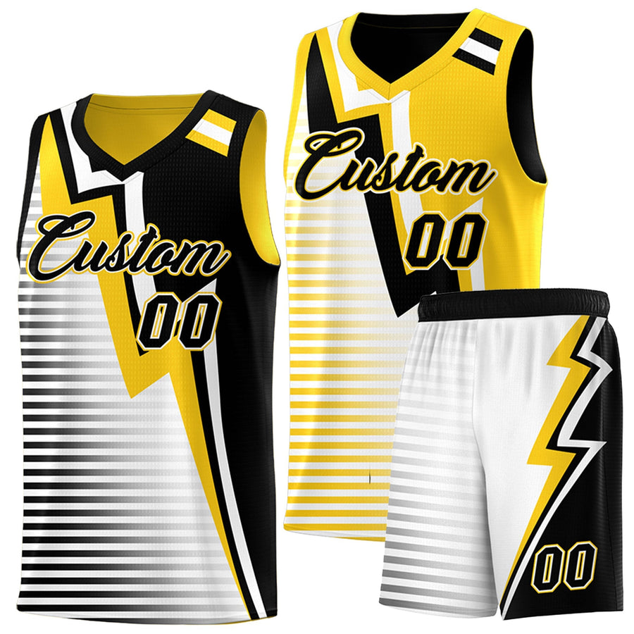 Custom Black Gold White Gradient Stripes Lightning Pattern Reversible Sets Basketball Jersey | BuyFootballJersey