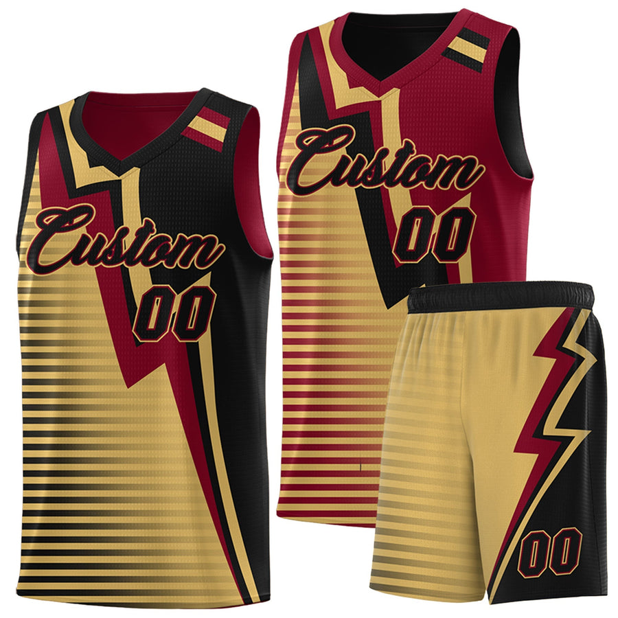Custom Black Old Gold Crimson Gradient Stripes Lightning Pattern Reversible Sets Basketball Jersey | BuyFootballJersey