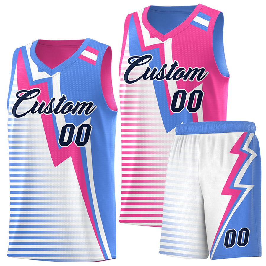 Custom Powder Blue Pink White Gradient Stripes Lightning Pattern Reversible Sets Basketball Jersey | BuyFootballJersey