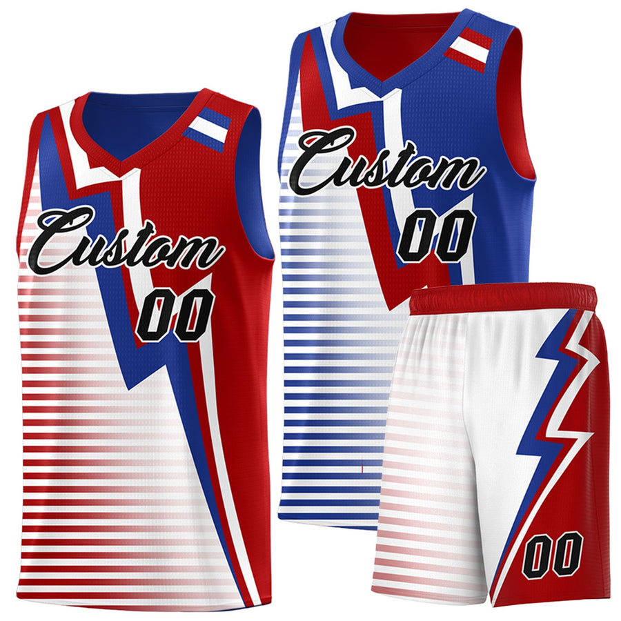 Custom Red Royal Blue White Gradient Stripes Lightning Pattern Reversible Sets Basketball Jersey | BuyFootballJersey
