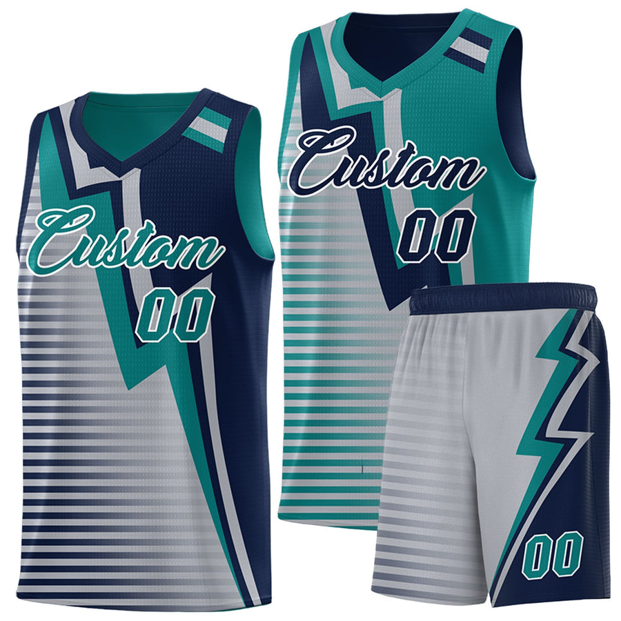 Custom Navy Teal Gray Gradient Stripes Lightning Pattern Reversible Sets Basketball Jersey | BuyFootballJersey