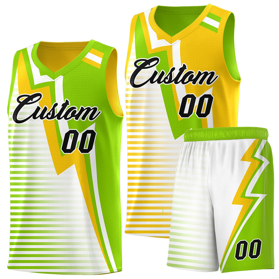 Custom Neon Green Gold White Gradient Stripes Lightning Pattern Reversible Sets Basketball Jersey | BuyFootballJersey