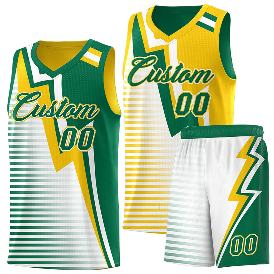 Custom Kelly Green Gold White Gradient Stripes Lightning Pattern Reversible Sets Basketball Jersey | BuyFootballJersey