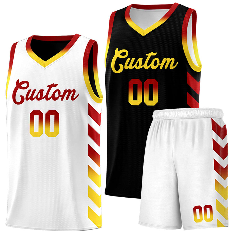 Custom White Black Reversible Basketball Jersey Kits - Side Arrow Red Gold Gradient | BuyFootballJersey