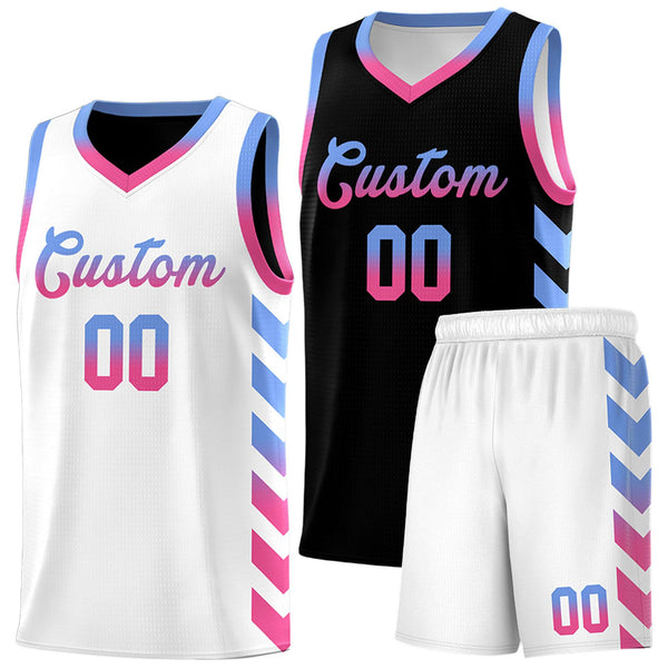 Custom White Black Reversible Basketball Jersey Kits - Side Arrow Light Blue Pink Gradient | BuyFootballJersey