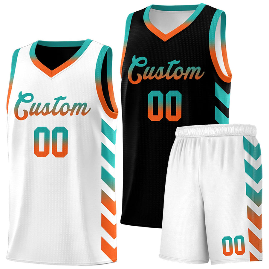 Custom White Black Reversible Basketball Jersey Kits - Side Arrow Aqua Orange Gradient | BuyFootballJersey