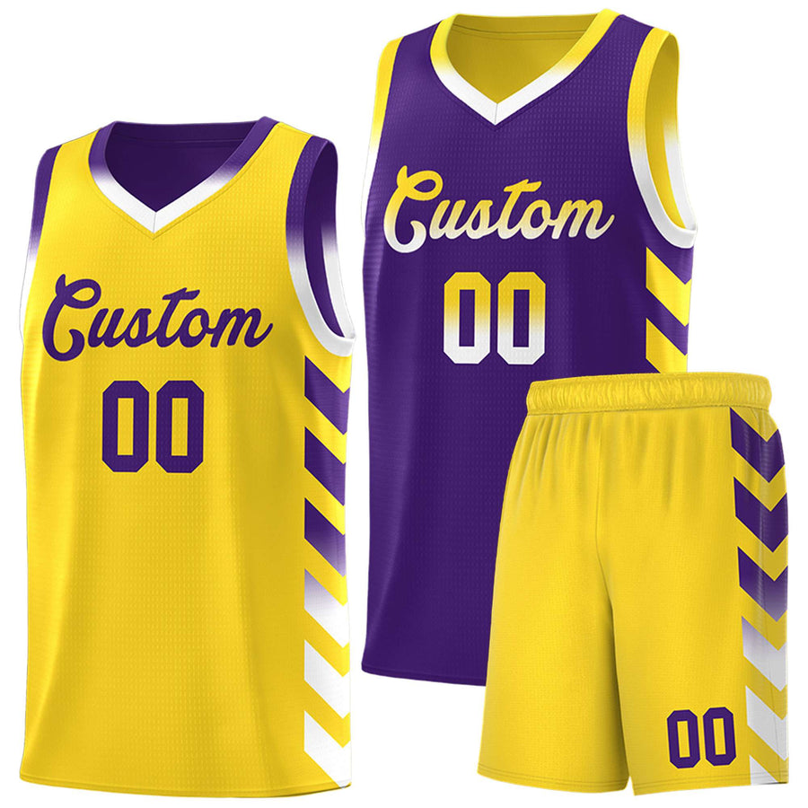 Custom Gold Purple Reversible Basketball Jersey Kits - Side Arrow Purple White Gradient | BuyFootballJersey