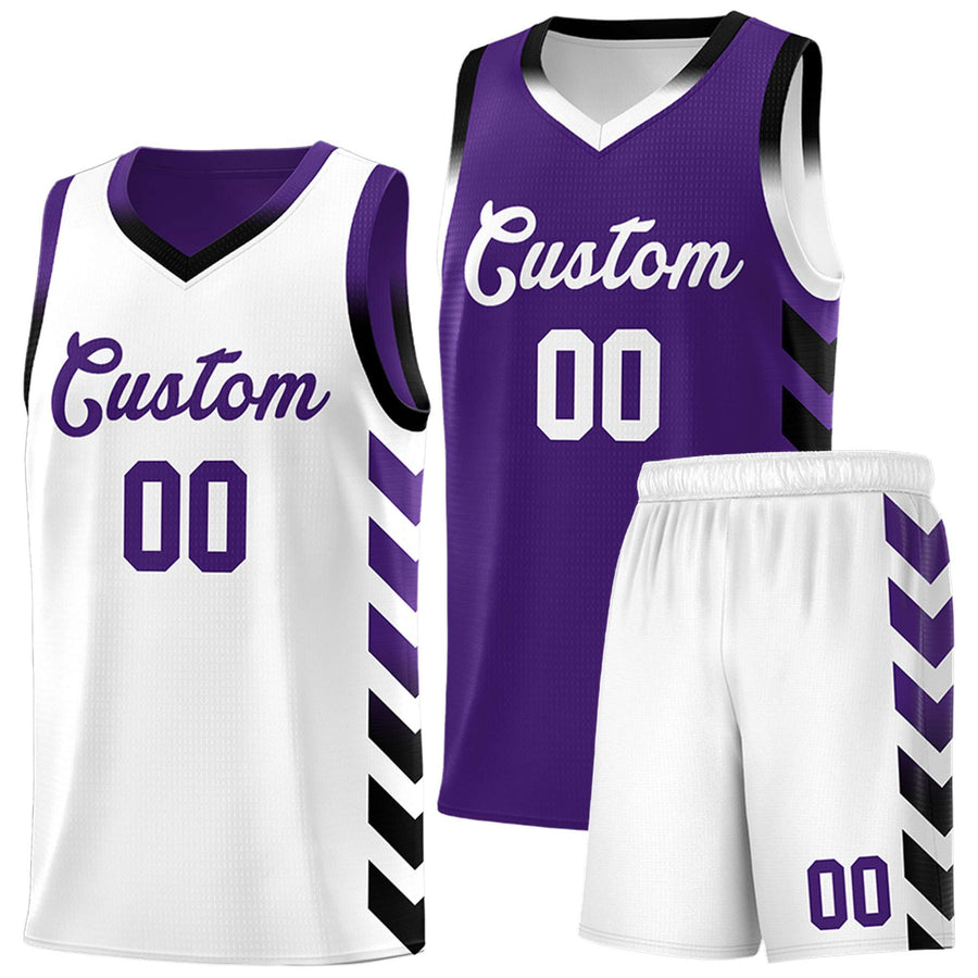 Custom White Purple Reversible Basketball Jersey Kits - Side Arrow Purple Black Gradient | BuyFootballJersey