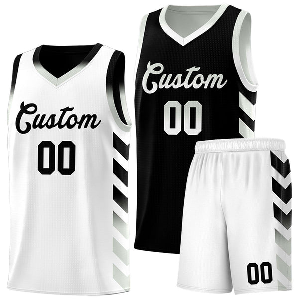Custom White Black Reversible Basketball Jersey Kits - Side Arrow Black Gray Gradient | BuyFootballJersey