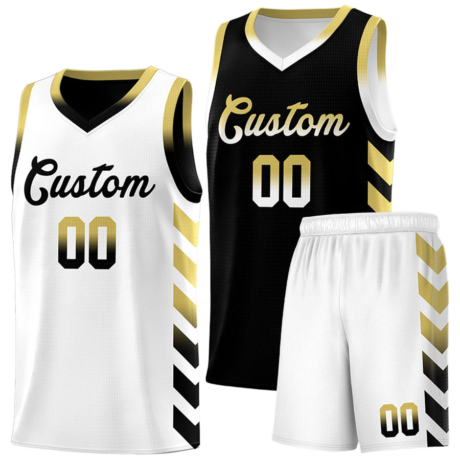 Custom White Black Reversible Basketball Jersey Kits - Side Arrow Old Gold Black Gradient | BuyFootballJersey