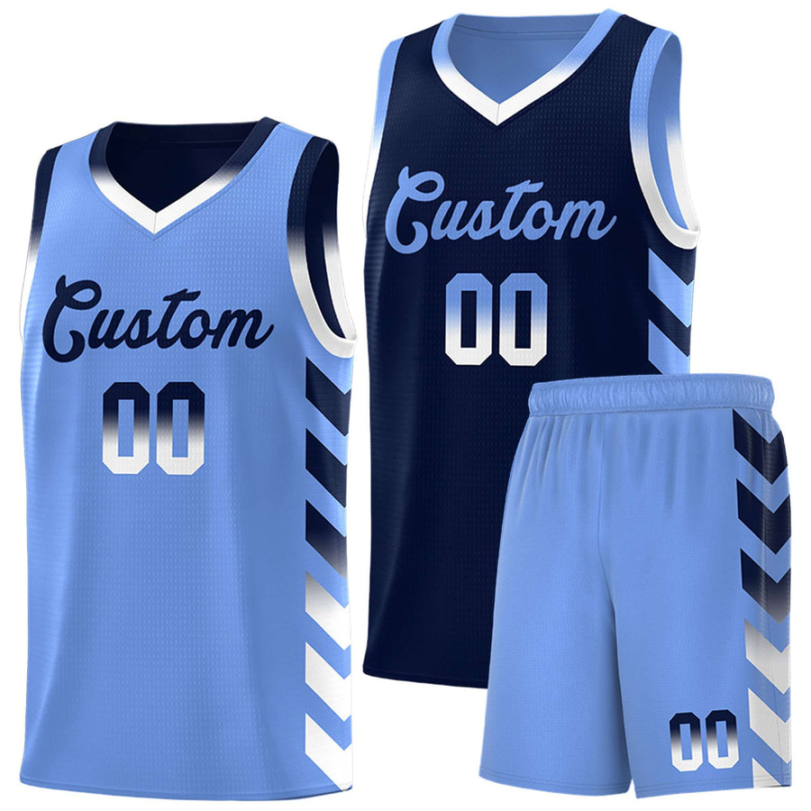 Custom Light Blue Navy Reversible Basketball Jersey Kits - Side Arrow Navy White Gradient | BuyFootballJersey