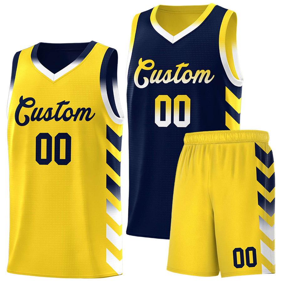 Custom Gold Navy Reversible Basketball Jersey Kits - Side Arrow Navy White Gradient | BuyFootballJersey