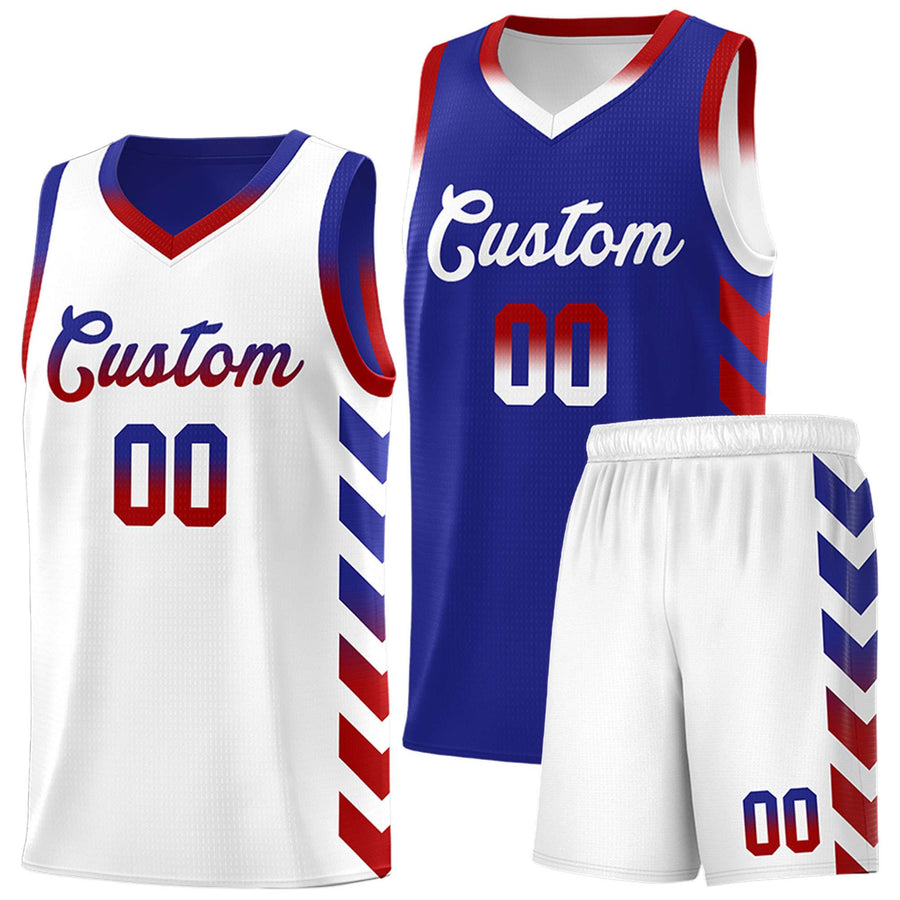 Custom White Royal Reversible Basketball Jersey Kits - Side Arrow Royal Red Gradient | BuyFootballJersey