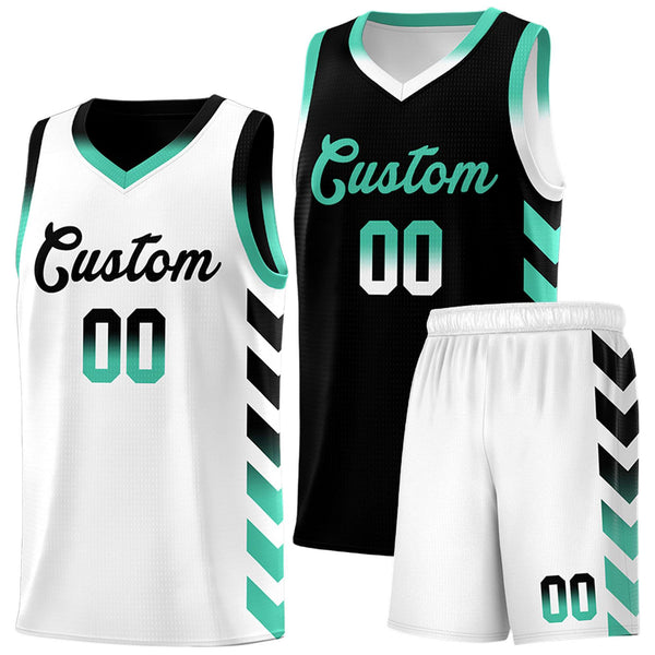 Custom White Black Reversible Basketball Jersey Kits - Side Arrow Black Bright Green Gradient | BuyFootballJersey