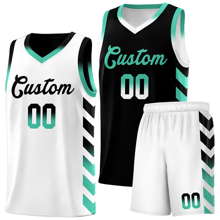 Custom White Black Reversible Basketball Jersey Kits - Side Arrow Black Bright Green Gradient | BuyFootballJersey