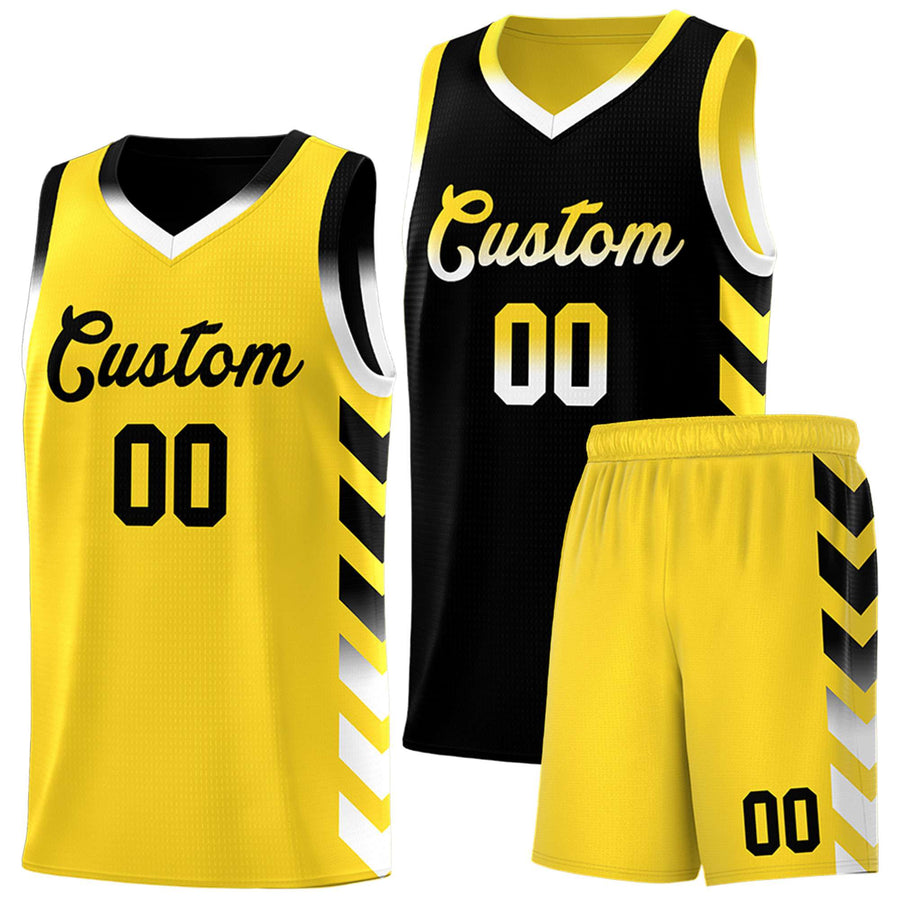 Custom Gold Black Reversible Basketball Jersey Kits - Side Arrow Black White Gradient | BuyFootballJersey