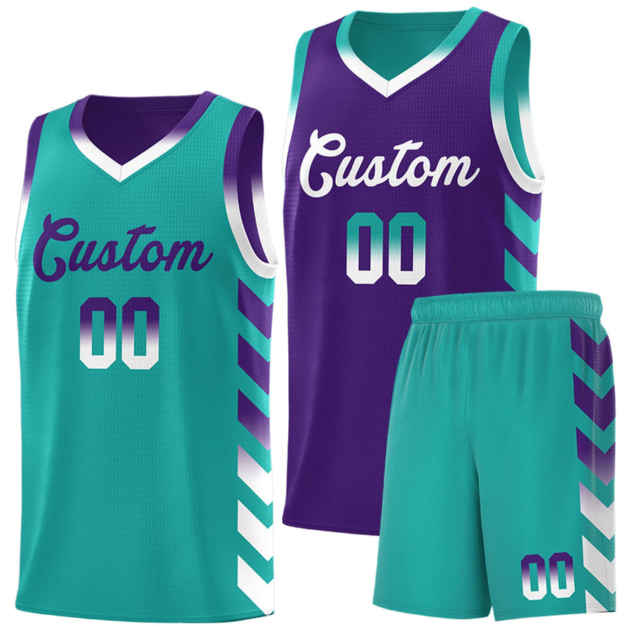 Custom Aqua Purple Reversible Basketball Jersey Kits - Side Arrow Purple White Gradient | BuyFootballJersey