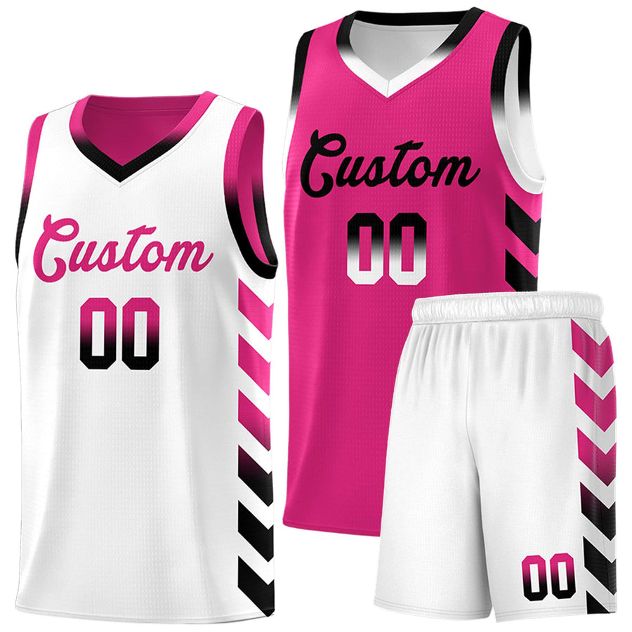 Custom White Pink Reversible Basketball Jersey Kits - Side Arrow Pink Black Gradient | BuyFootballJersey